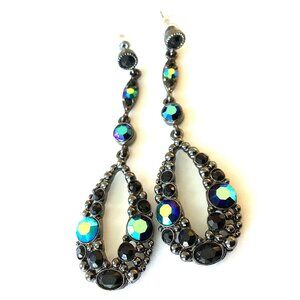 Vintage Dangle Earrings, Black Blue Green Rhinestones, Dark Statement Sparkle